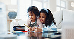 Girl, siblings and learning with homework for education, studying or academic development in home. Children, sister and helping elementary student with drawing, assignment or school project in house