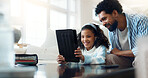 Girl, student and tablet with dad in home for elearning, online course or academic development. Daughter, child or ebook with father or technology for audio lesson, virtual classroom or education