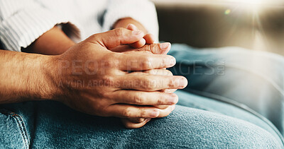 Buy stock photo Couple, bonding and holding hands with partner, comfort and relationship commitment on break or care. Marriage, loyalty and support for spouse with physical touch, people and solidarity for love