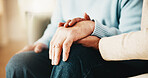 Old couple, retirement and holding hands with partner in house, bonding and relationship commitment. Marriage, solidarity and senior people on break, physical touch and support with love in home