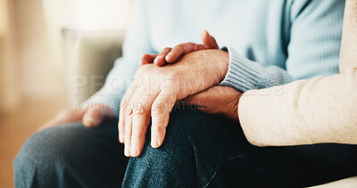 Buy stock photo Old couple, retirement and holding hands with partner in house, bonding and relationship commitment. Marriage, solidarity and senior people on break, physical touch and support with love in home