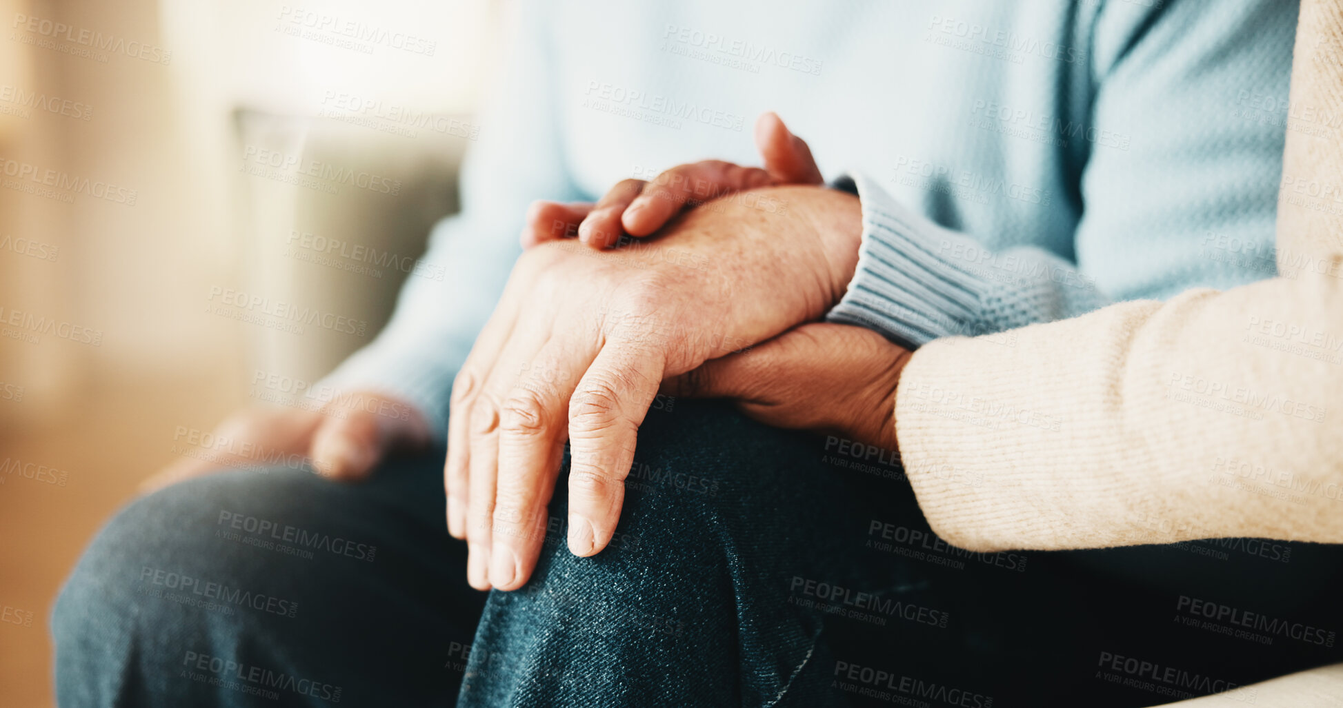 Buy stock photo Old couple, retirement and holding hands with partner in house, bonding and relationship commitment. Marriage, solidarity and senior people on break, physical touch and support with love in home