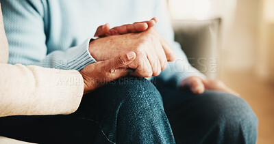Buy stock photo Old couple, bonding and holding hands with partner in house, retirement and relationship commitment. Marriage, solidarity and senior people on break, physical touch and support with love in home