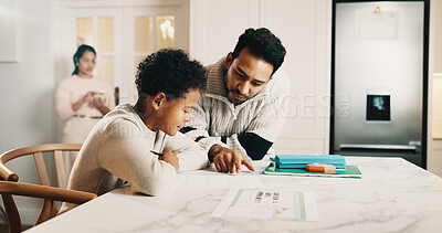 Buy stock photo Father, child and talk at kitchen counter with homework, teaching knowledge or cognitive development. Man, son and discussion in home for school task, education or help with critical thinking skills.
