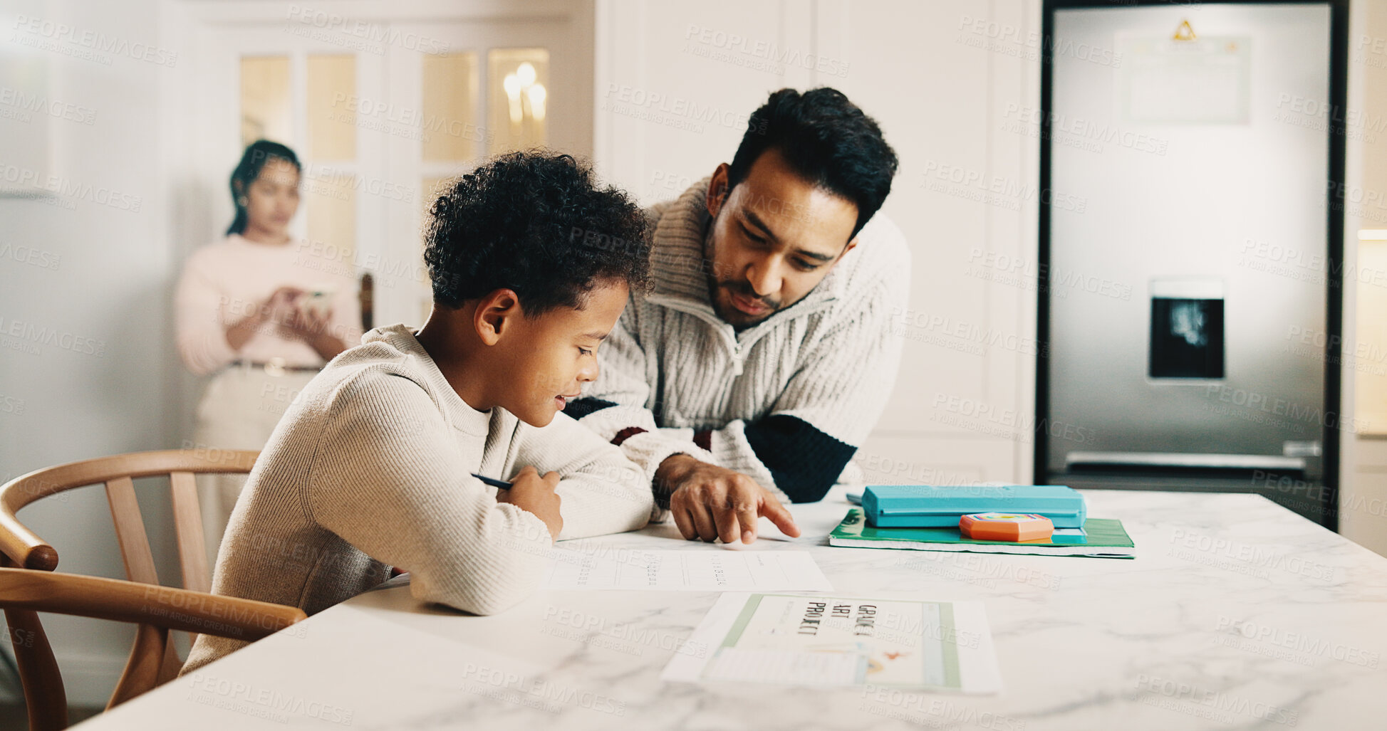 Buy stock photo Father, child and talk at kitchen counter with homework, teaching knowledge or cognitive development. Man, son and discussion in home for school task, education or help with critical thinking skills.