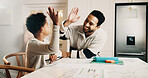 Father, child and high five in house with homework, learning success and cognitive development goals. Happy, man and son with celebration for understanding task, education and achievement in home.