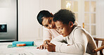 Mother, child and talk in house with homework, teaching knowledge and help kid understand assignment. Woman, son and discussion in home for school task, education and assistance with problem solving.