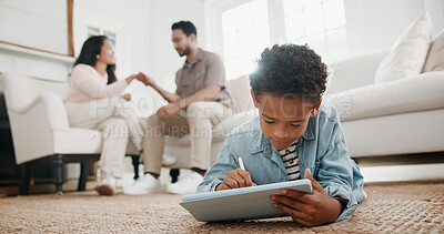 Buy stock photo Relax, child and tablet with drawing on floor in living room of home for learning or online gaming. Stylus, development and parents with boy in house together for tech, education or digital art hobby