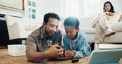 Buy stock photo Child, dad and tablet with toy car for engineering, online tutorial or remote control vehicle in home. Family, son and learning with father for guide with robotics, junior mechanic or development