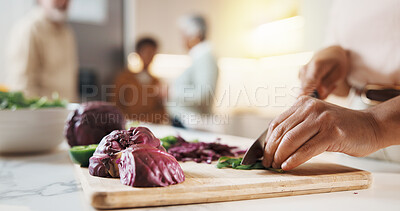 Buy stock photo Hands, person and cooking at house with knife, meal prep and chopping vegetables for healthy food. Chef, family or cutting ingredients in kitchen with board, culinary skills and vegan salad for lunch