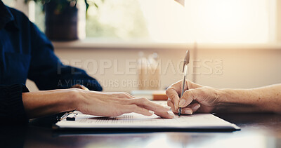 Buy stock photo Lawyer, hands and document with signature for legal agreement, contract or application. People, attorney or pointing with client, paperwork or form for policy, business deal or insurance in office