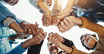Below, flare and holding hands with friends outdoor together for solidarity, support or unity. Sky, summer and team building with happy people in circle for bonding, community wellness or connection