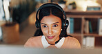 Woman, research and customer service in office with computer, reading inquiry and request at night. Late, person or consultant in call center with desktop, problem solving or assistance for employee
