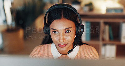 Buy stock photo Woman, research and customer service in office with computer, reading inquiry and request at night. Late, person or consultant in call center with desktop, problem solving or assistance for employee