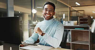 Buy stock photo Laptop, portrait and business man smile at night for research, assessment and financial career. Male person, accounting and technology for budget planning, deadline and working late for report