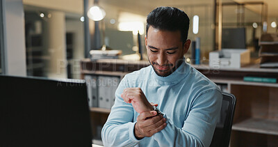 Buy stock photo Laptop, wrist pain and business man in office with carpal tunnel, discomfort or burnout. Male person, accounting and tech for financial planning with hand strain injury, ergonomics or tendinitis