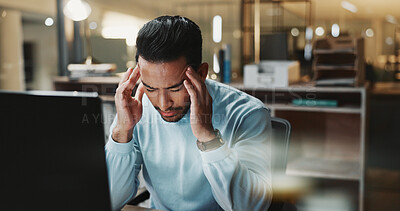 Buy stock photo Laptop, headache and business man with burnout for research, assessment and financial career. Male person, accounting and technology for budget planning with stress, vertigo and migraine for workload