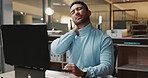 Laptop, neck pain and business man with muscle fatigue in office for research, assessment and finance. Person, accounting and technology for planning with discomfort, burnout and stress or ergonomics