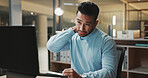 Laptop, thinking and business man with neck pain in office for research, muscle fatigue and finance. Person, accounting and technology for planning with discomfort, burnout and stress or ergonomics