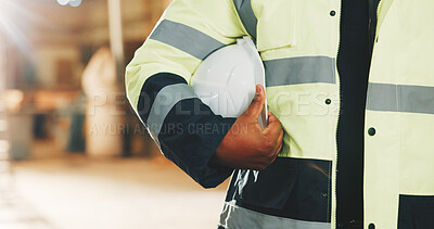 Buy stock photo Hands, person and helmet in warehouse for inspection, safety and compliance for production. Inspector, ppe and protocol in factory with hardhat, protection and labor uniform for manufacturing policy