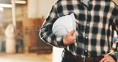 Buy stock photo Hands, engineer and helmet in warehouse for inspection, safety and compliance for production. Person, ppe and inspector in factory with hardhat, protection and depot protocol for manufacturing policy