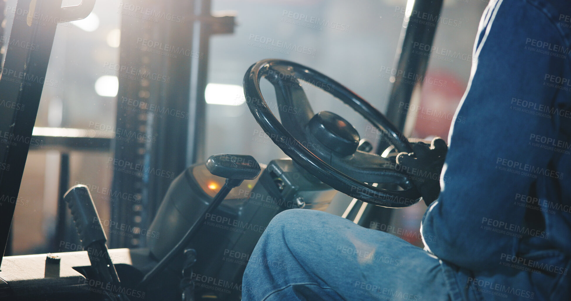 Buy stock photo Carpentry, forklift or hands in factory with timber, stock control or unloading for building project. Flare, man or loader with lift truck, material transport or inventory management in woodworking.