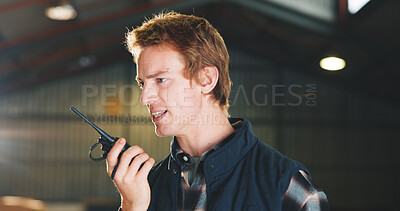 Buy stock photo Thinking, man and carpenter in workshop with radio, discussion and feedback on timber delivery. Thoughts, male person or talk with tech in factory for carpentry, instructions and furniture production
