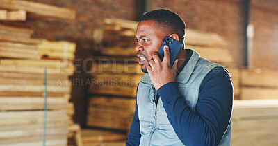 Buy stock photo Angry, black man and carpenter in workshop with phone call, bad news and wrong timber order. Frustrated, male person and mobile at warehouse for carpentry fail, production rejection and project delay