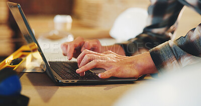 Buy stock photo Typing, man and hands of carpenter with laptop in workshop for research on industrial project. Technology, email and woodworker with computer for feedback on furniture manufacturing in factory.