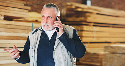 Buy stock photo Man, carpenter and talk in workshop with phone call, discussion and ideas for timber delivery. Thinking, mature person and chat with mobile in factory for carpentry, supplier and furniture production