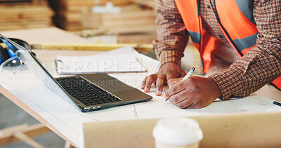 Buy stock photo Writing, man and hands of carpenter with laptop in workshop for research on industrial project. Technology, notes and woodworker with computer for feedback on furniture manufacturing in factory.