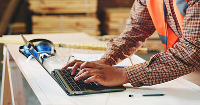 Buy stock photo Typing, man and hands of woodworker with laptop in workshop for research on industrial project. Technology, email and carpenter with computer for feedback on furniture manufacturing in factory.