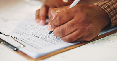 Buy stock photo Hands, writing and application form for insurance with clipboard, risk assessment and administration. Person, complete information and document with survey, registration and sign up for policy cover.