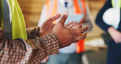 Buy stock photo Manager, hand and instructions in warehouse with team, explain logistics and discussion for meeting. Man, people and conversation in workplace with supervisor, supply chain management and planning.