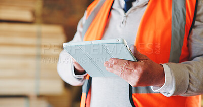 Buy stock photo Carpentry, review or hands in warehouse with tablet, preparing order or stock audit in woodworking. Man, digital or carpenter with tech, delivery checklist or product control in inspection report.
