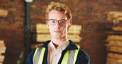 Buy stock photo Carpentry, portrait and man in warehouse with pride, handyman and about us in woodworking. Space, glasses and carpenter with confidence, production career and ambition in manufacturing industry.