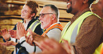 Carpentry, success or team in factory with clapping, project approval or good news on safety check. Happy, people or carpenters with applause, group achievement or compliance passed in woodworking.