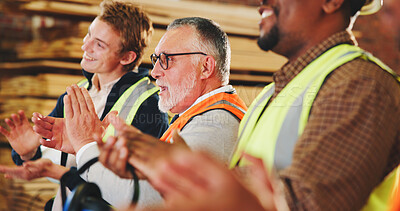 Buy stock photo Carpentry, success or team in factory with clapping, project approval or good news on safety check. Happy, people or carpenters with applause, group achievement or compliance passed in woodworking.