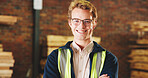 Carpentry, portrait and man in warehouse with smile, handyman and about us in woodworking. Glasses, happy and carpenter with confidence, production career and ambition in manufacturing industry.