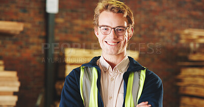 Buy stock photo Carpentry, portrait and man in warehouse with smile, handyman and about us in woodworking. Glasses, happy and carpenter with confidence, production career and ambition in manufacturing industry.