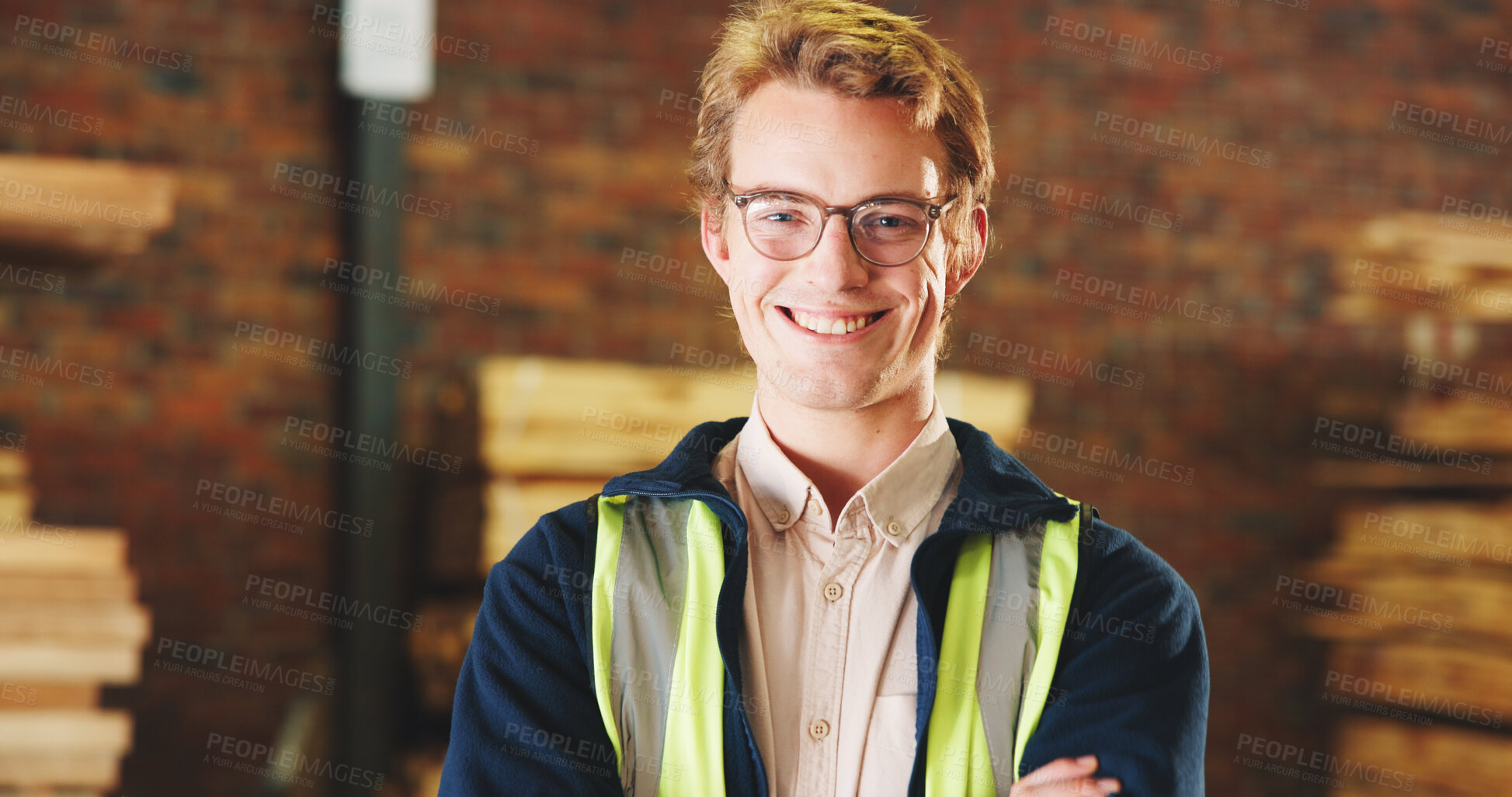 Buy stock photo Carpentry, portrait and man in warehouse with smile, handyman and about us in woodworking. Glasses, happy and carpenter with confidence, production career and ambition in manufacturing industry.