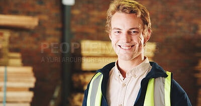 Buy stock photo Carpentry, portrait and man in workshop with smile, handyman and about us in woodworking. Happy, space and carpenter with confidence, production career and ambition in manufacturing industry.