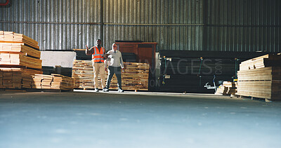 Buy stock photo Carpenter, team and walk in warehouse with clipboard, manager inspection or stock control supervisor. Space, men talk and inventory management in factory with checklist, evaluation and collaboration.