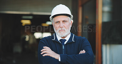 Buy stock photo Architect, portrait and man with arms crossed on construction site, serious or property development. Confident, civil engineer and mature person with helmet, project management and renovation in USA