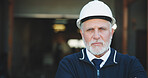 Civil engineer, portrait and man with helmet on construction site, serious and property development. Confident, architect and mature person with hard hat, project management and renovation in USA