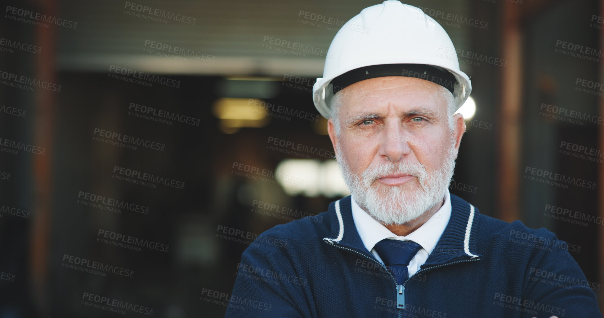Buy stock photo Civil engineer, portrait and man with helmet on construction site, serious and property development. Confident, architect and mature person with hard hat, project management and renovation in USA