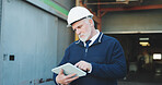 Civil engineer, scroll and man with tablet on construction site, online or renovation project on web. Serious, architect and mature person with technology, research and property development on app