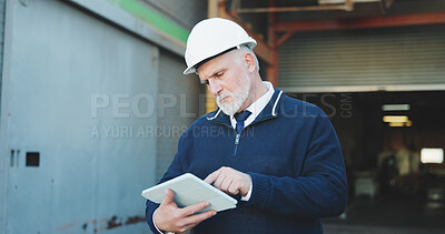 Buy stock photo Civil engineer, scroll and man with tablet on construction site, online or renovation project on web. Serious, architect and mature person with technology, research and property development on app