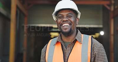 Buy stock photo Civil engineer, portrait and man with helmet, outdoor and property development on construction site. Happy, architect and black person with hard hat, project management and real estate investment