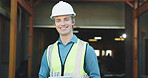 Civil engineer, portrait and man with smile on construction site, research and property development. Confident, architect and happy person with hard hat, project management and renovation in USA
